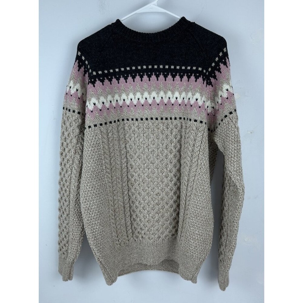Aran Sweater Market 100% Merino Pure Wool Fisherman Fair Isle Women’s  Beige Xl